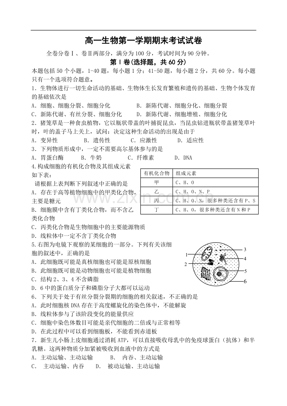 高一生物第一学期期末考试试卷.doc_第1页