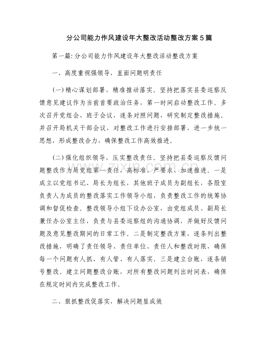 分公司能力作风建设年大整改活动整改方案5篇.docx_第1页