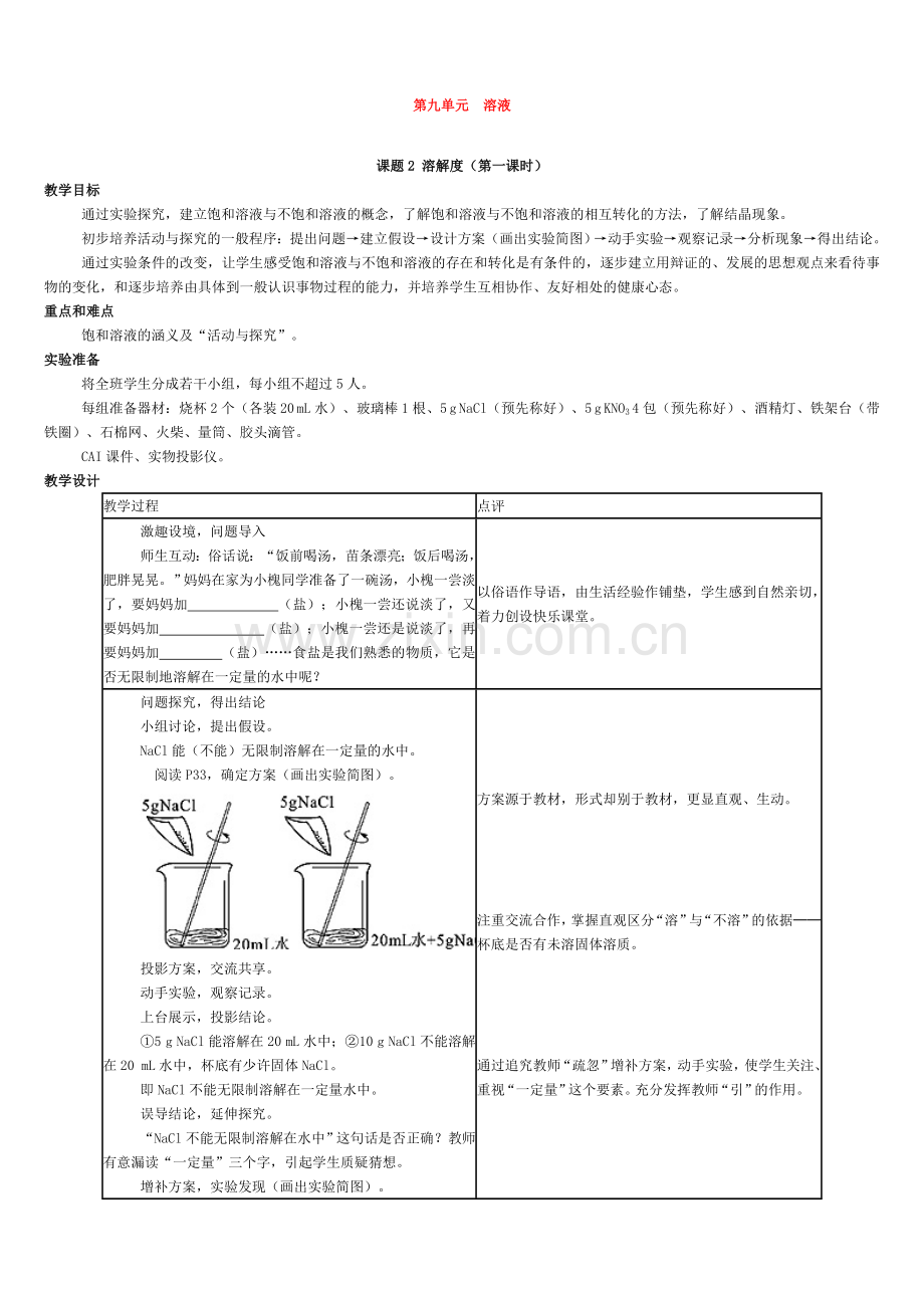 九年级化学(人教版下册)第9单元《课题2--溶解度》教案.doc_第1页