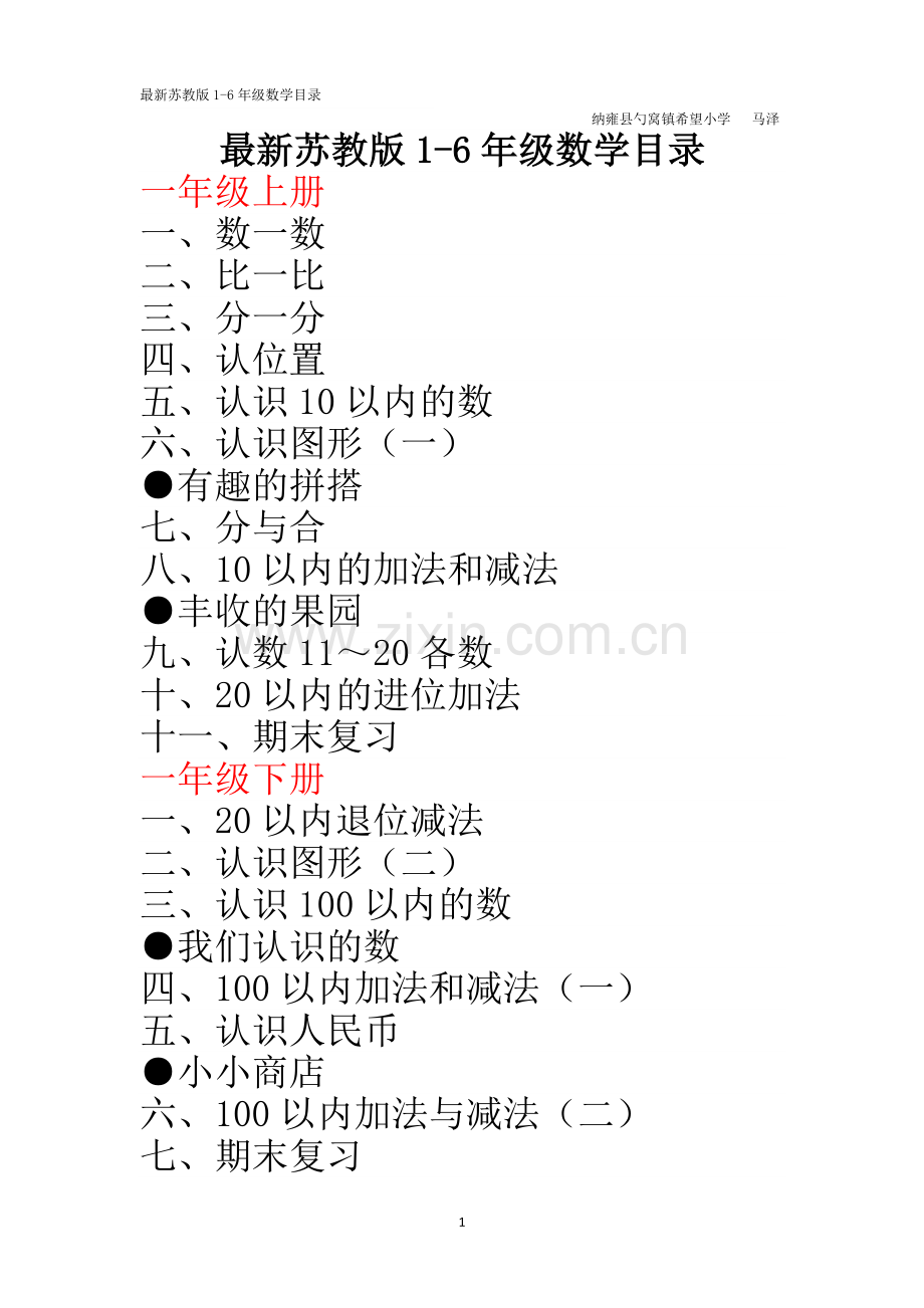 苏教版1-6年级数学目录.doc_第1页