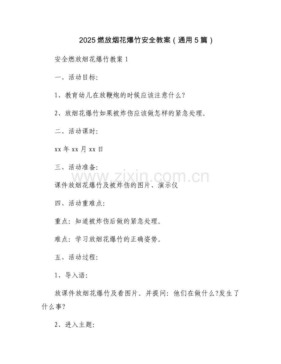 2025燃放烟花爆竹安全教案（通用5篇）.docx_第1页