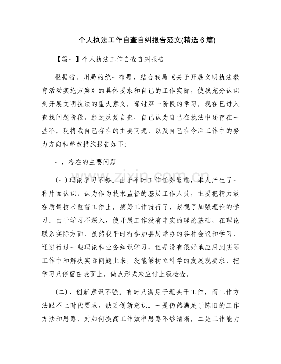 个人执法工作自查自纠报告范文(6篇).docx_第1页