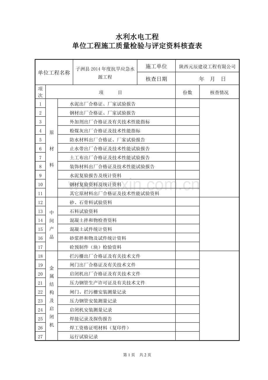 施工质量检验与评定资料核查表.doc_第1页