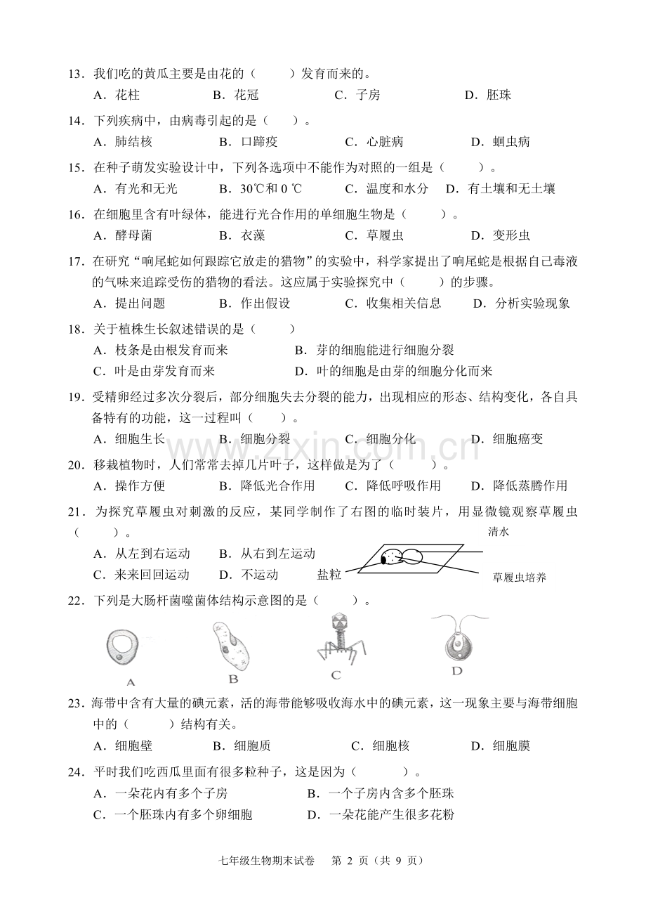新人教版七年级生物上期末考试卷及答案.doc_第2页