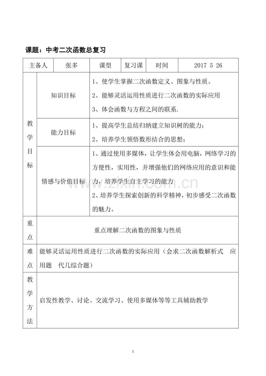 二次函数总复习教学设计.doc_第1页