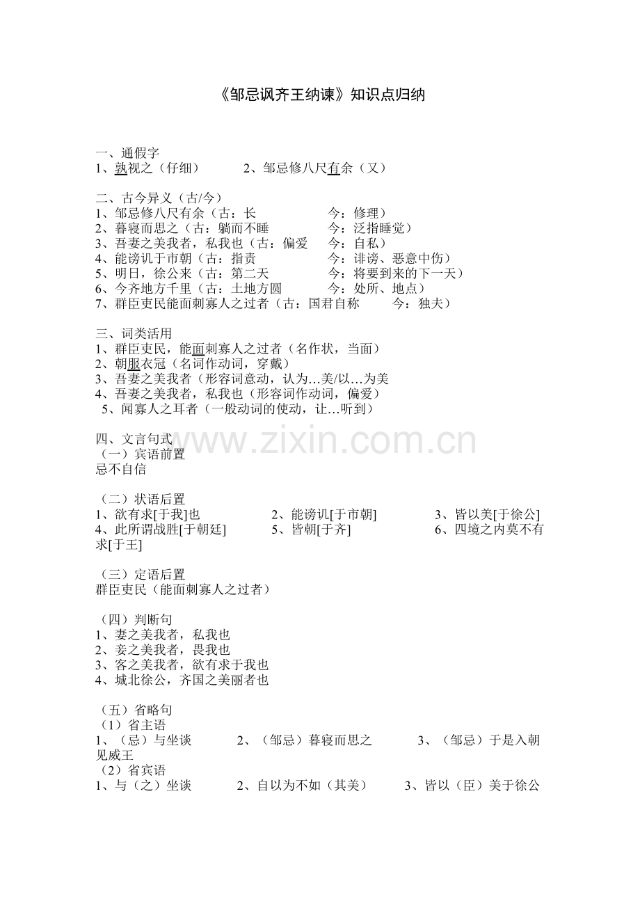 邹忌讽齐王纳谏知识点归纳.doc_第1页