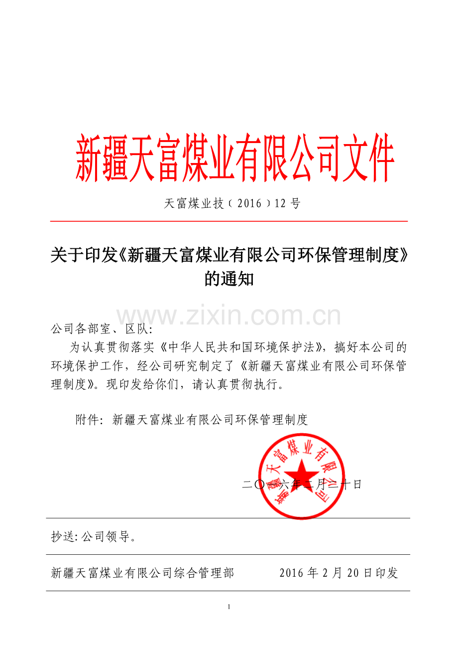 新疆天富煤业有限公司环保管理制度.doc_第1页