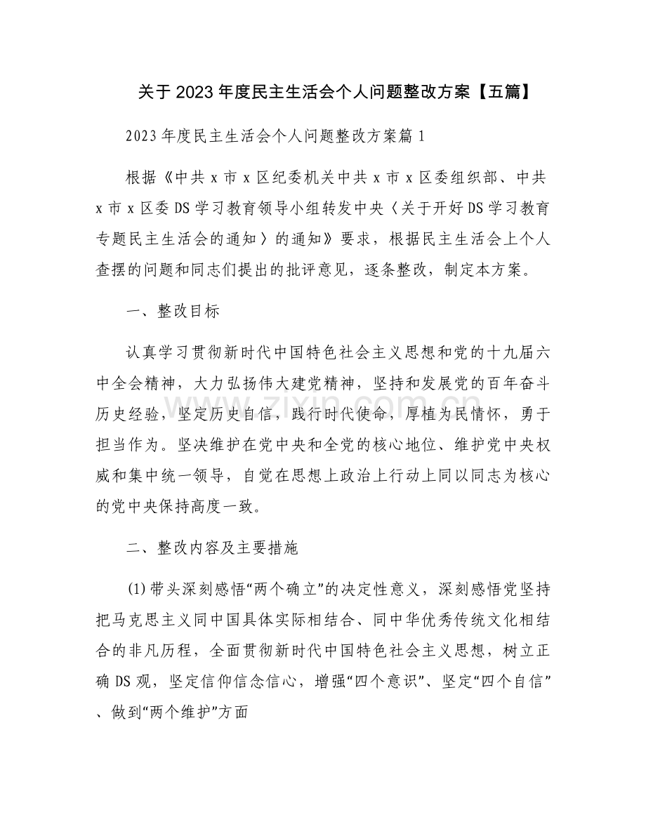 关于2023年度民主生活会个人问题整改方案【五篇】.docx_第1页