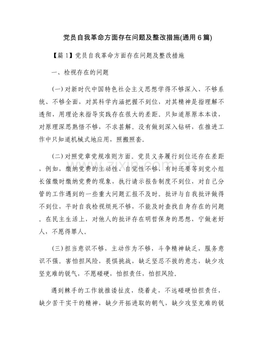 党员自我革命方面存在问题及整改措施(通用6篇).docx_第1页