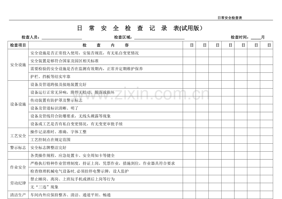 化工日常安全检查表.doc_第1页