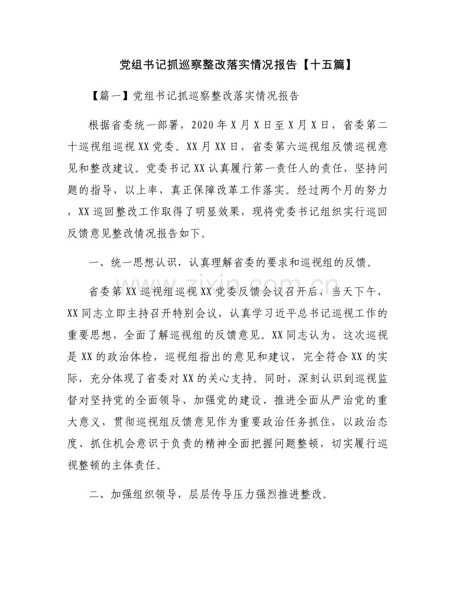 党组书记抓巡察整改落实情况报告【十五篇】.docx_第1页