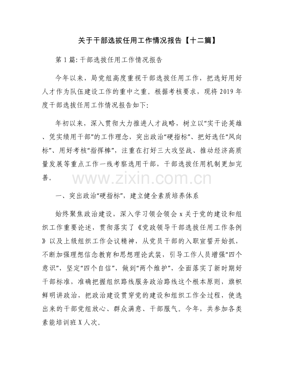 关于干部选拔任用工作情况报告【十二篇】.docx_第1页