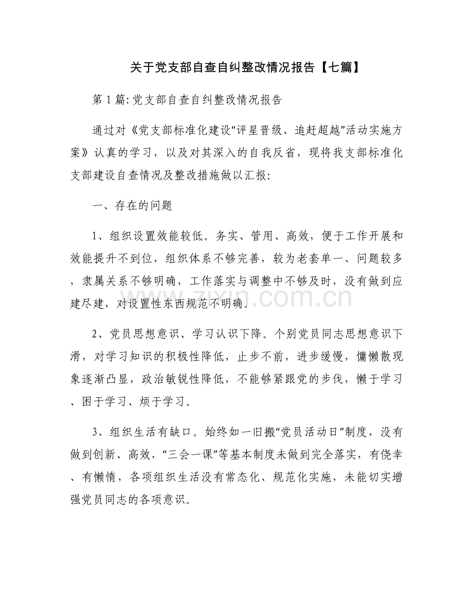 关于党支部自查自纠整改情况报告【七篇】.docx_第1页