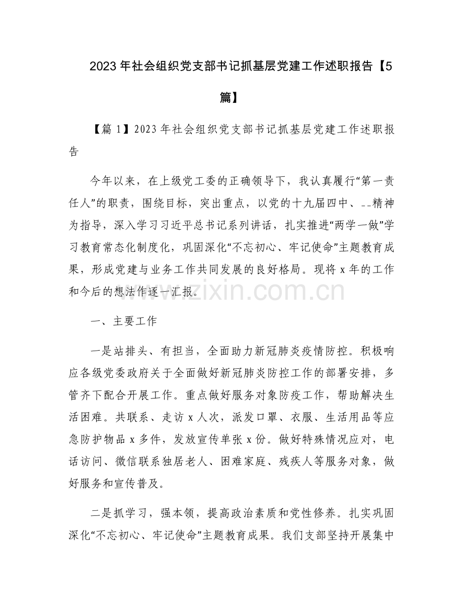 2023年社会组织党支部书记抓基层党建工作述职报告【5篇】.docx_第1页