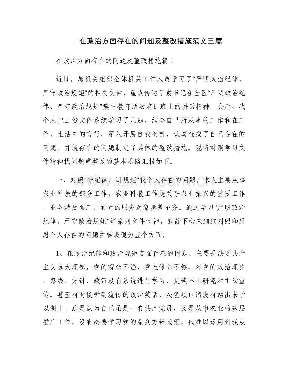 在政治方面存在的问题及整改措施范文三篇.docx_第1页