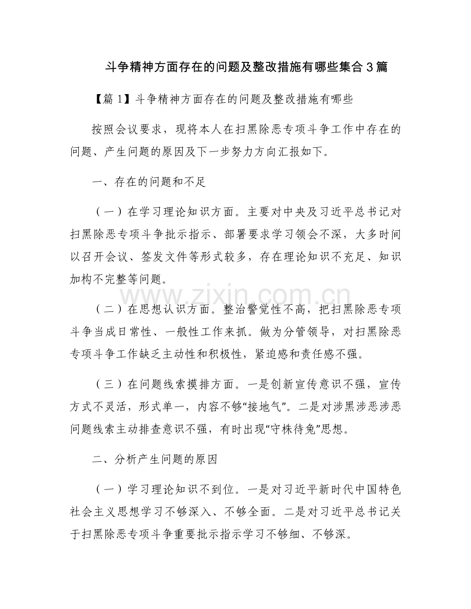 斗争精神方面存在的问题及整改措施有哪些集合3篇.docx_第1页