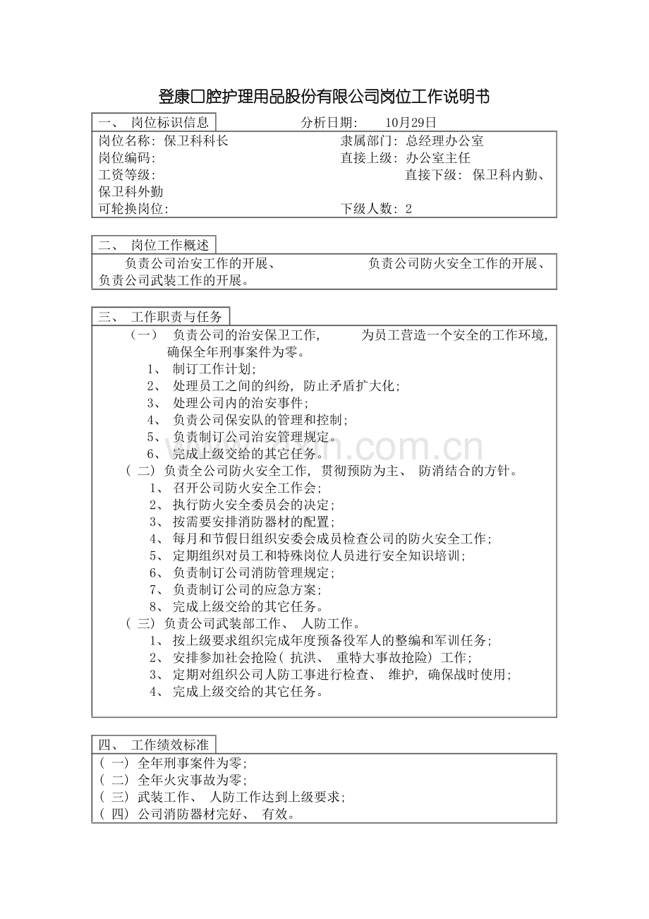 登康口腔护理用品股份有限公司保卫科科长岗位工作说明书模板.doc_第2页