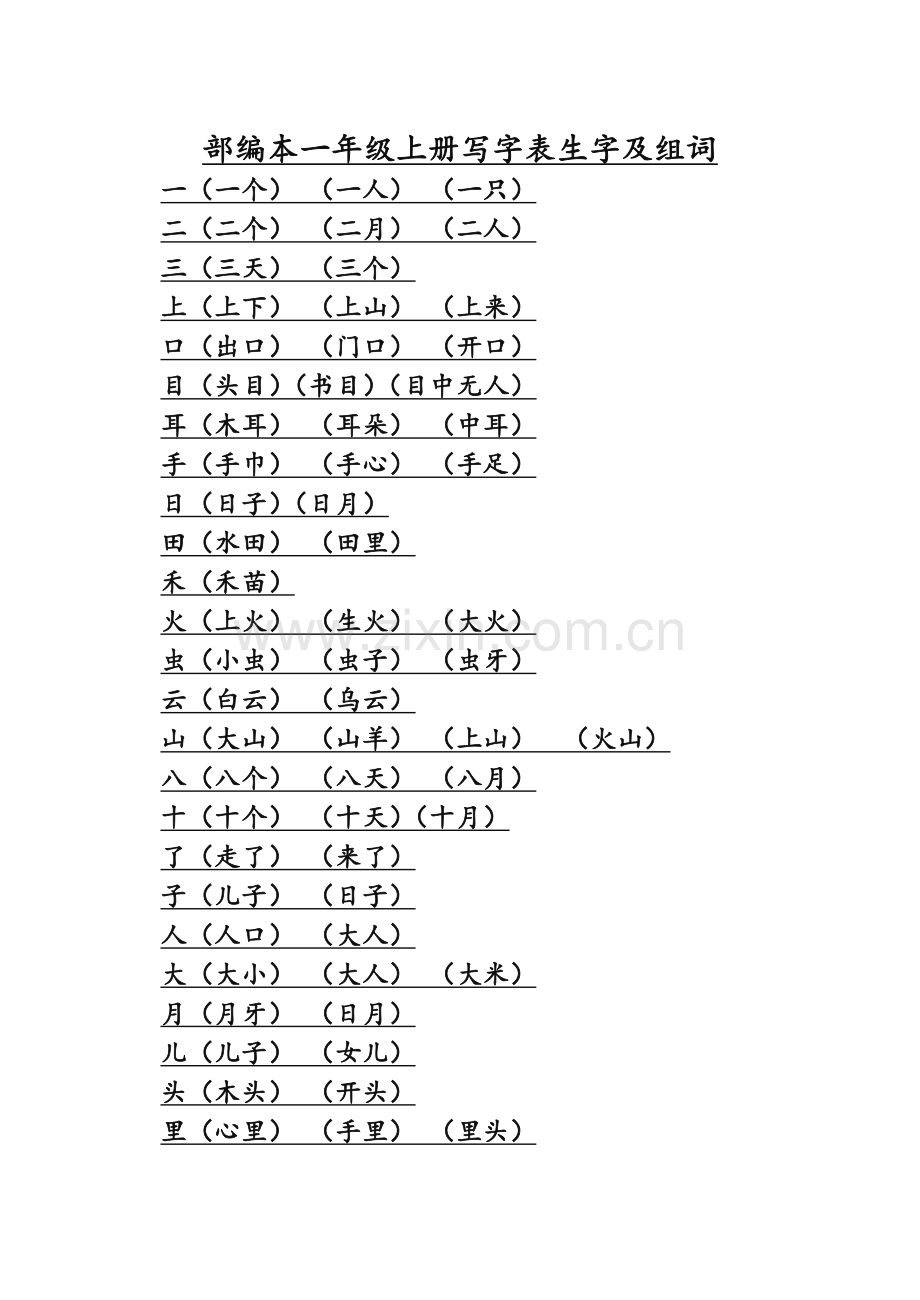 人教版文档-部编本一年级上册写字表生字及组词.docx_第1页