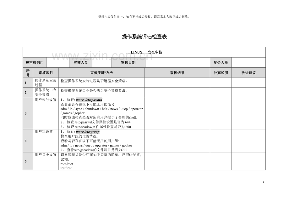 信息安全风险评估检查流程操作系统安全评估检查表Linux模板.doc_第2页
