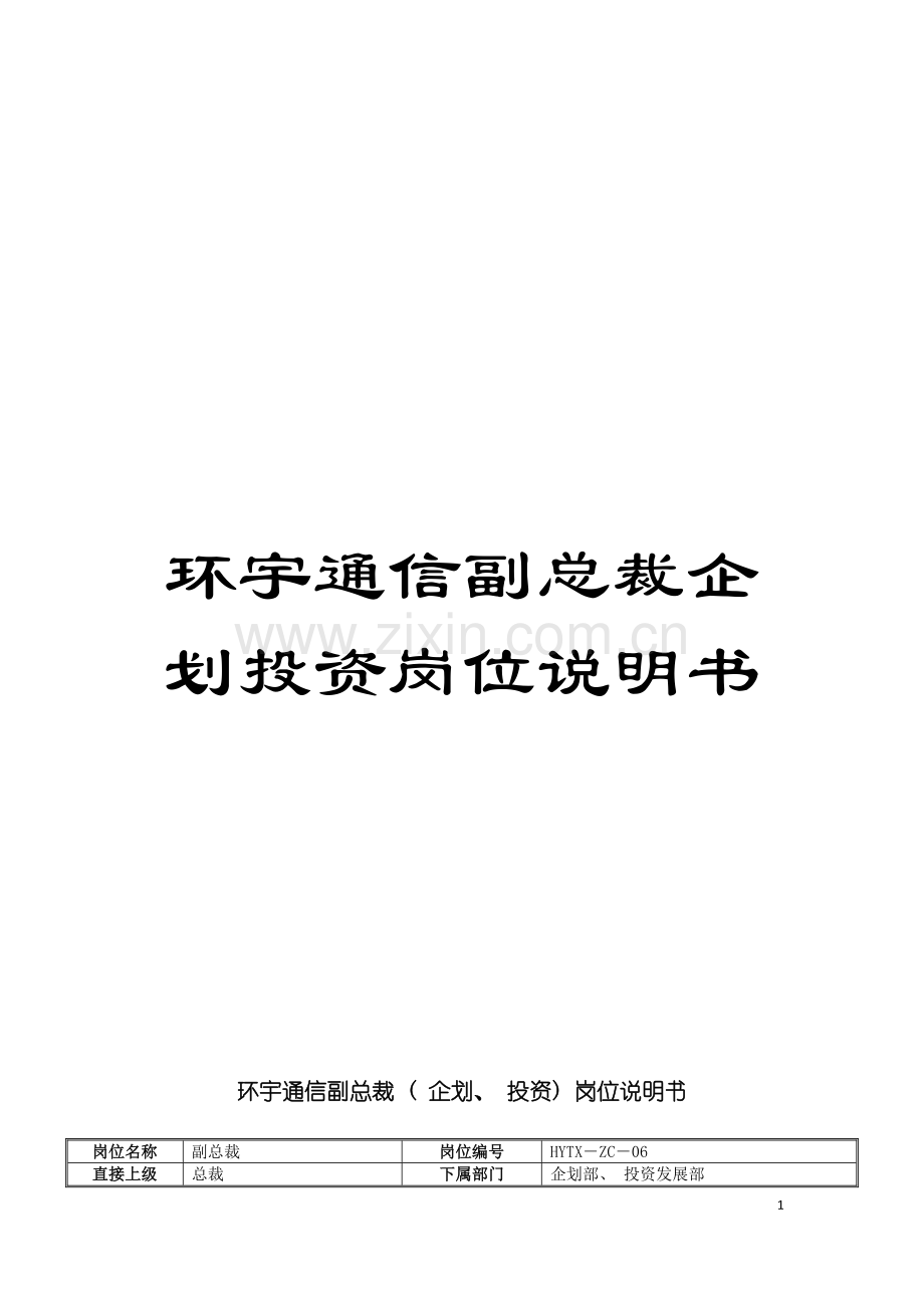 环宇通信副总裁企划投资岗位说明书模板.doc_第1页