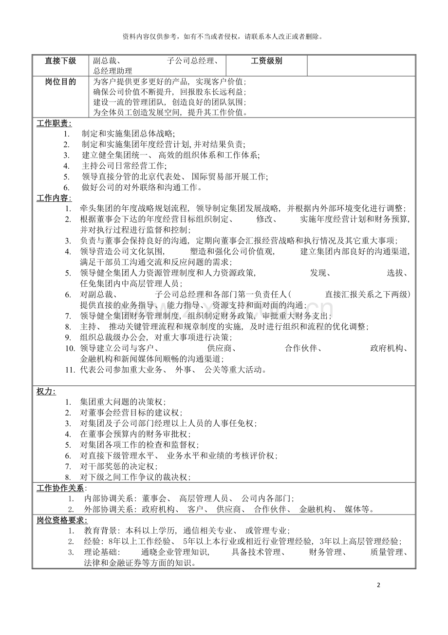 环宇通信总裁岗位说明书模板.doc_第2页