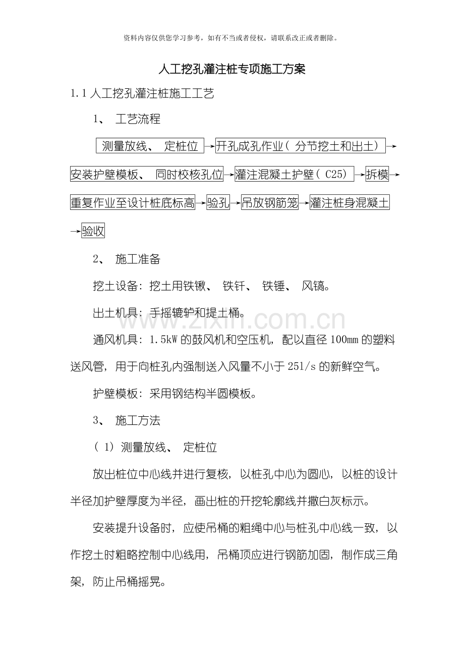 人工挖孔灌注桩专项施工方案模板.doc_第1页