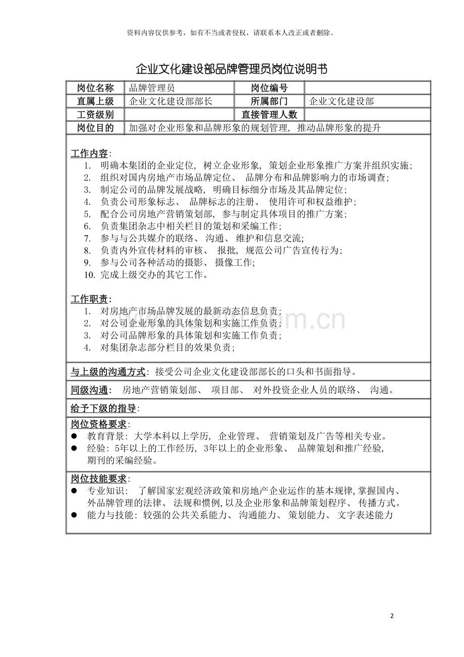 房地产业品牌管理员岗位说明书模板.doc_第2页