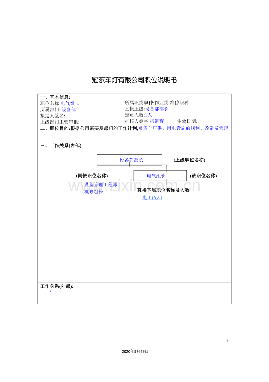 冠东车灯公司设备部电气组长职位说明书.doc_第2页