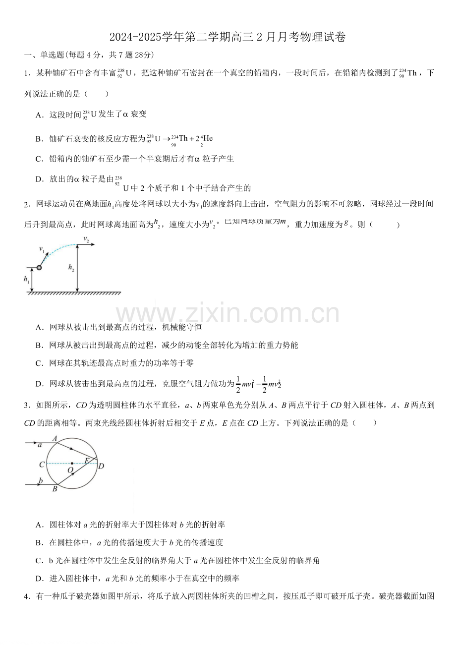 南昌十九中2024-2025学年第二学期2月月考高三物理试题（含答案）.docx_第1页
