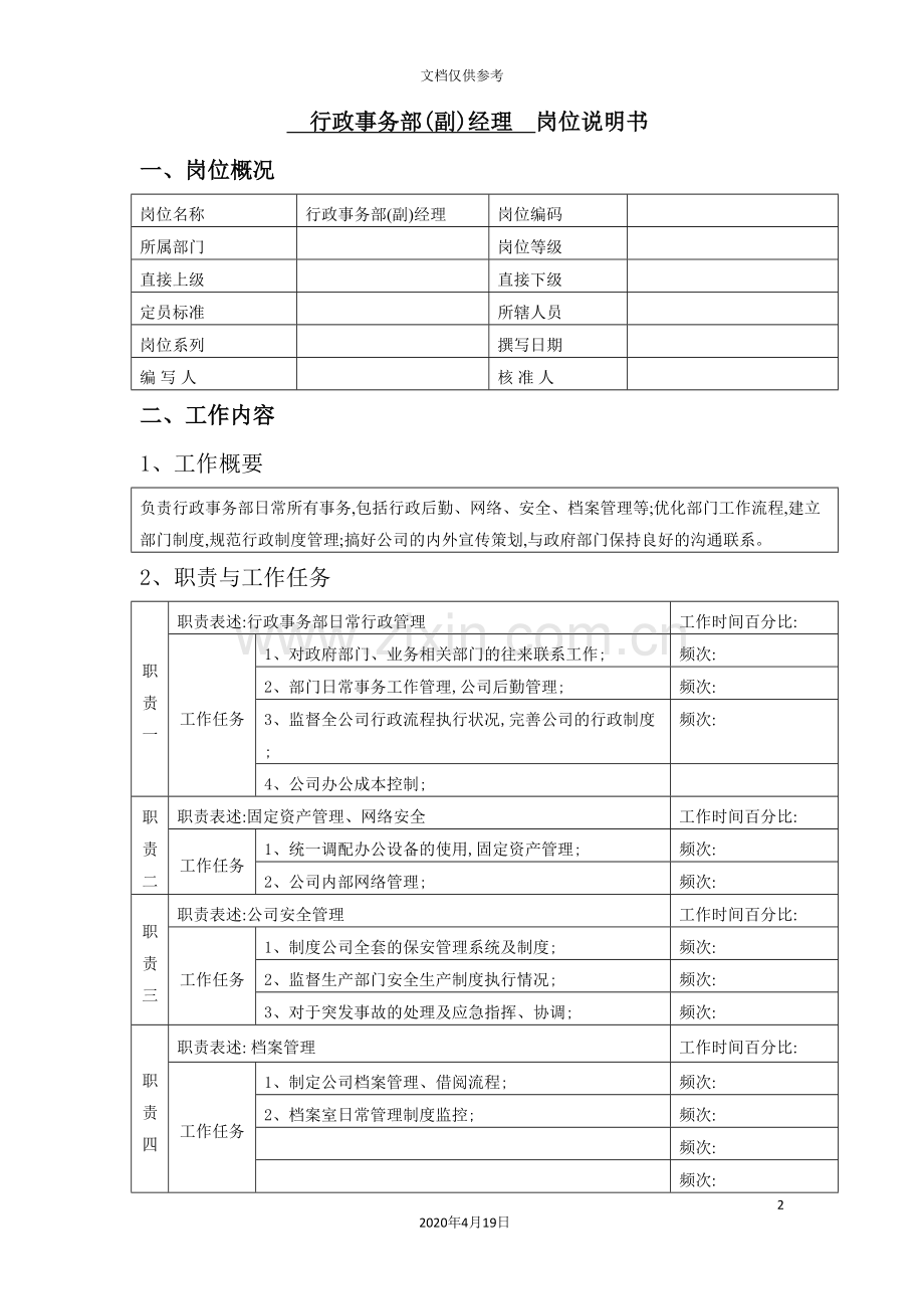 行政事务部(副)经理岗位说明书.doc_第2页
