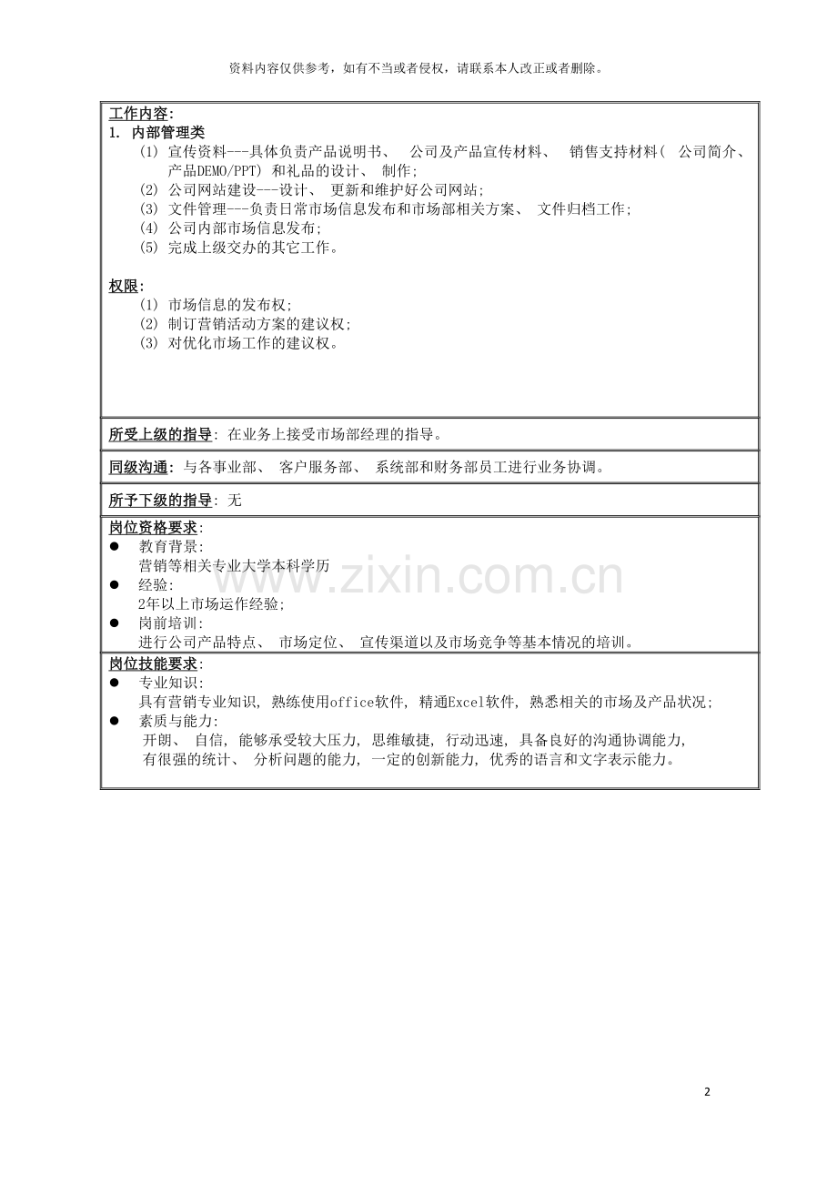 市场部市场专员职务说明书模板.doc_第2页