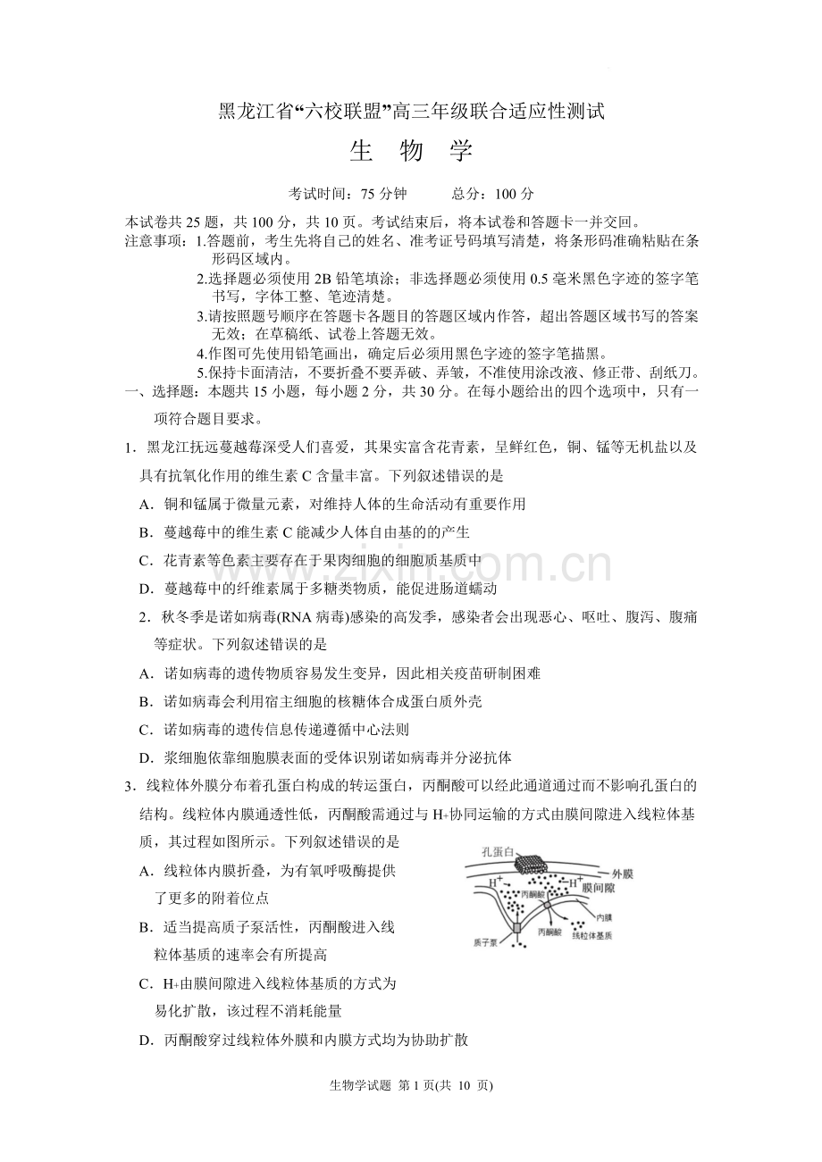 黑龙江省“六校联盟”2025届高三上学期联合适应性考试生物试卷（含答案）.docx_第1页
