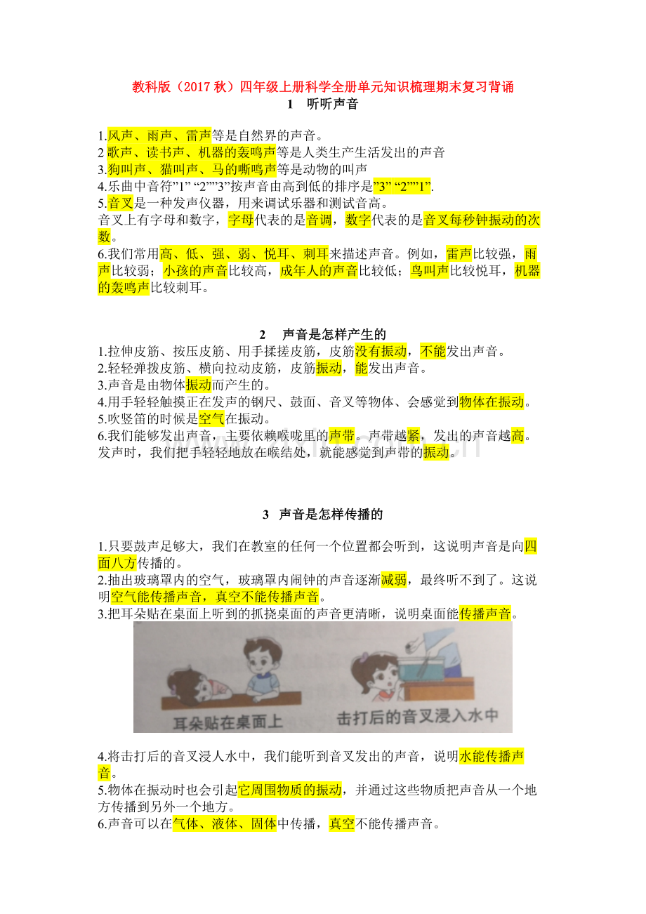 教科版2017版科学四年级上册全册单元知识梳理期末复习背诵.doc_第1页