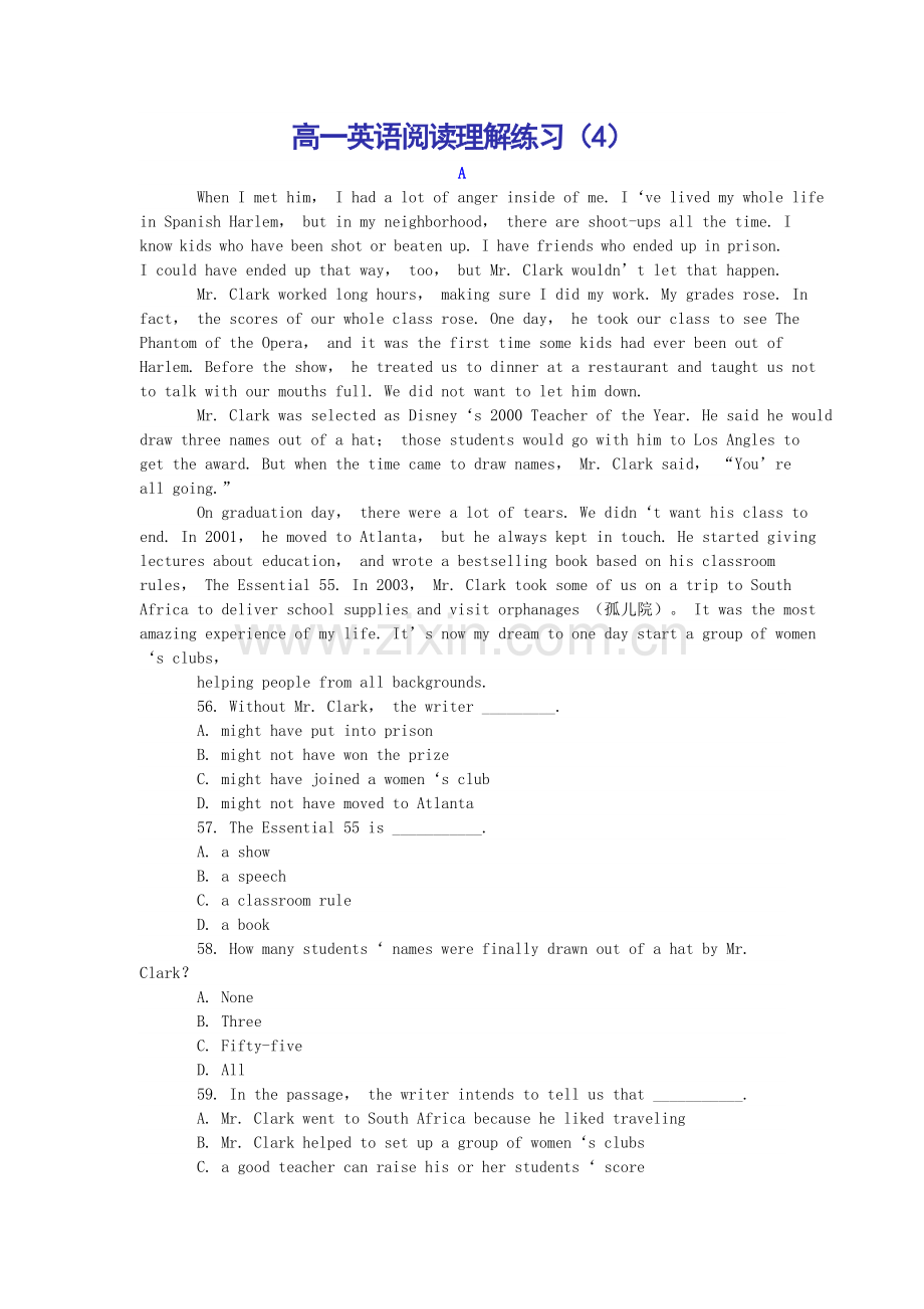 高一英语阅读理解练习(4).doc_第1页