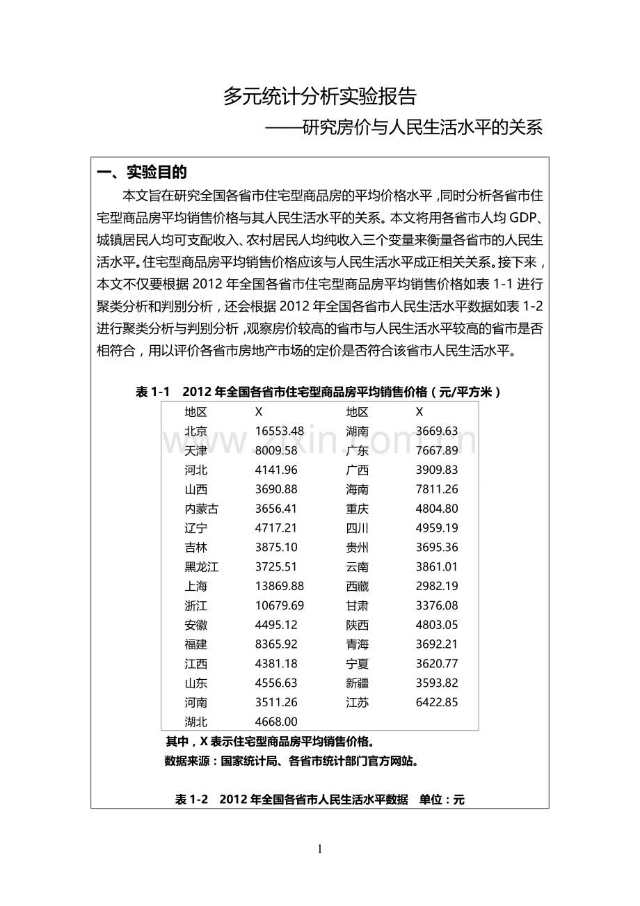 聚类分析与判别分析实验报告.doc_第1页