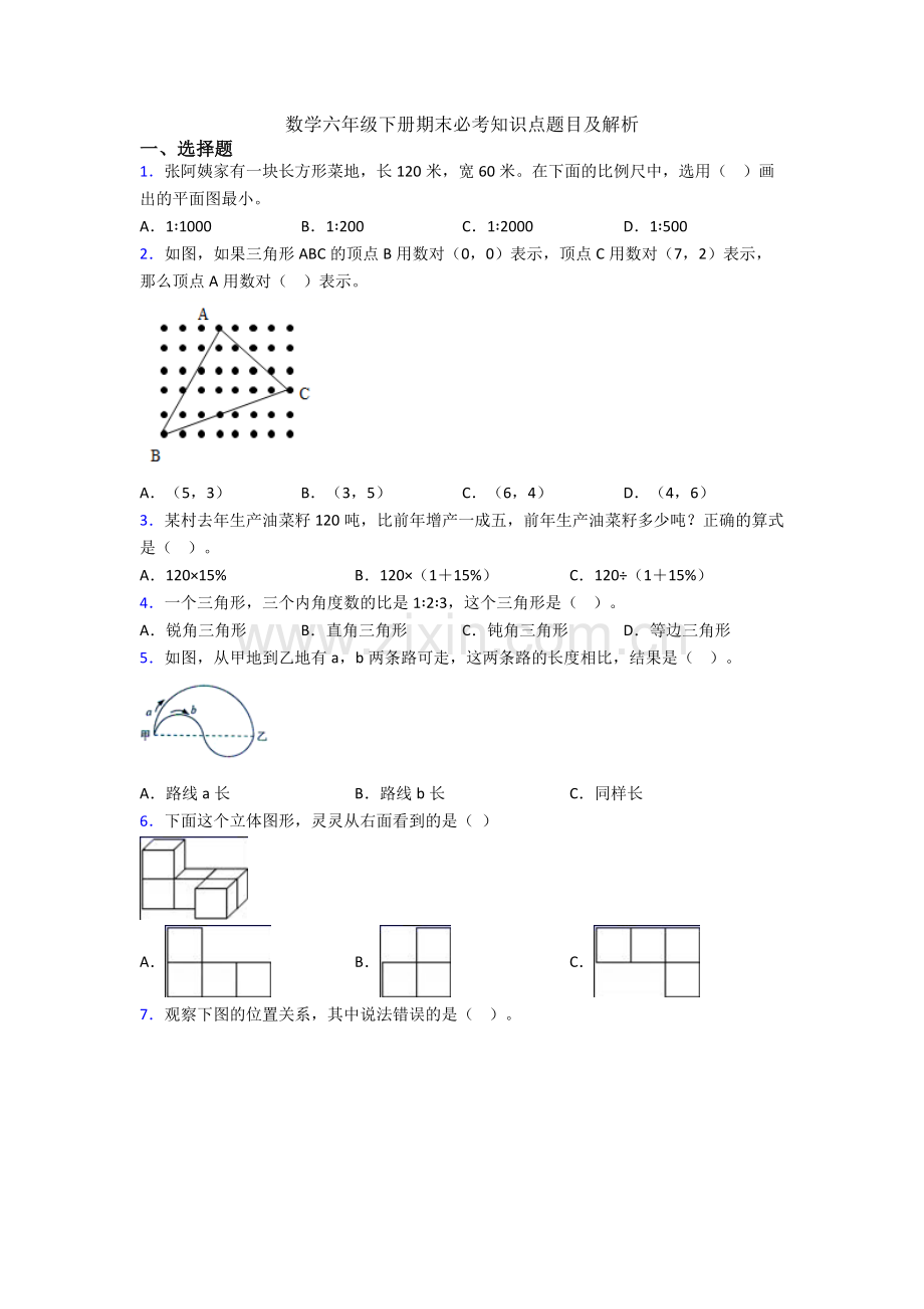 数学六年级下册期末必考知识点题目及解析.doc_第1页