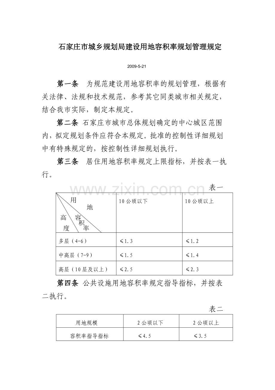 石家庄市城乡规划局建设用地容积率规划管理规定.doc_第1页