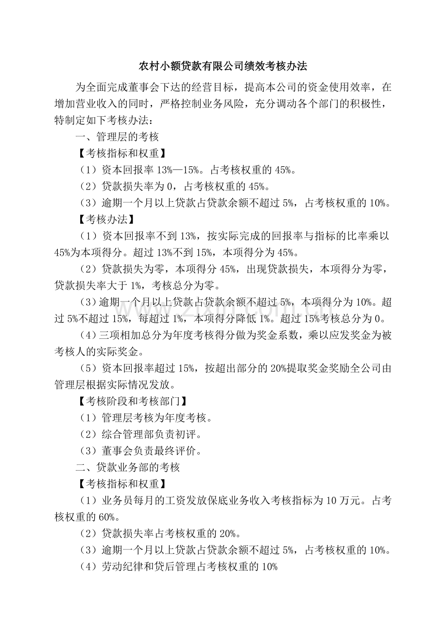农村小额贷款有限公司绩效考核办法.doc_第1页