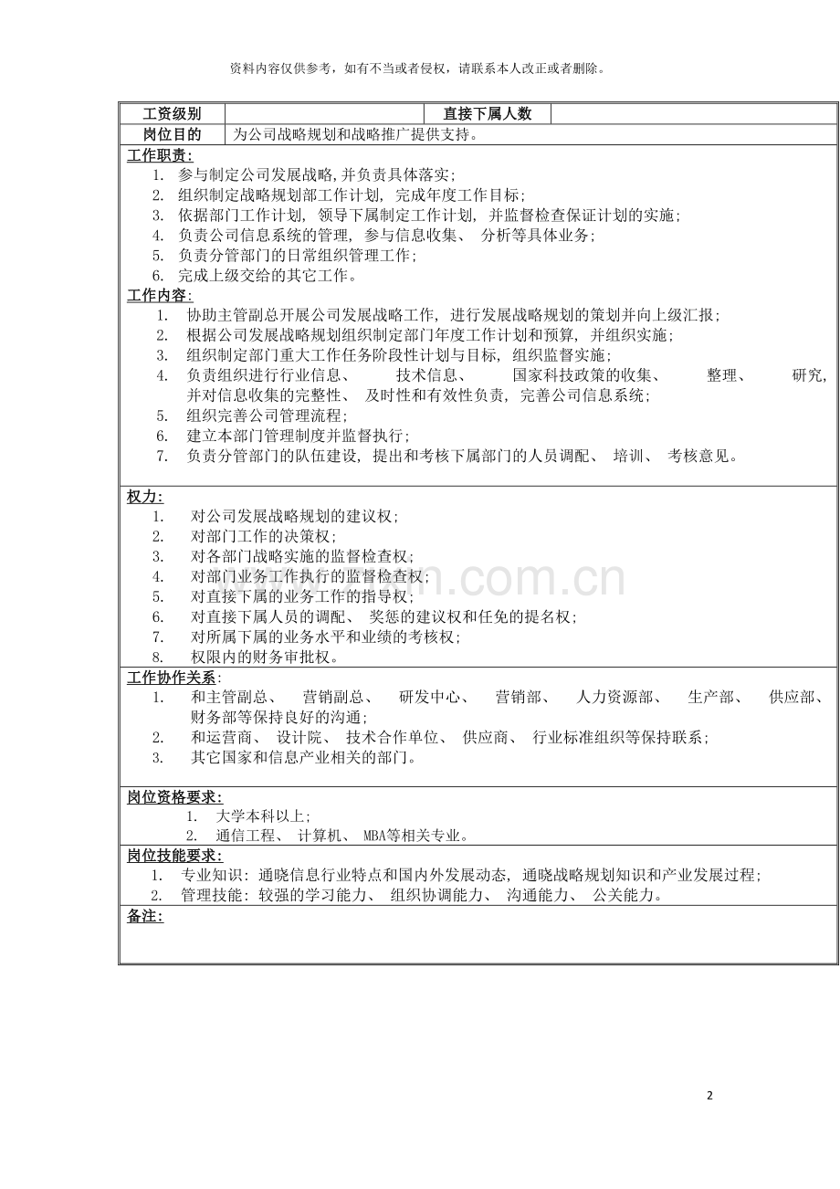 环宇通信战略规划部经理岗位说明书模板.doc_第2页