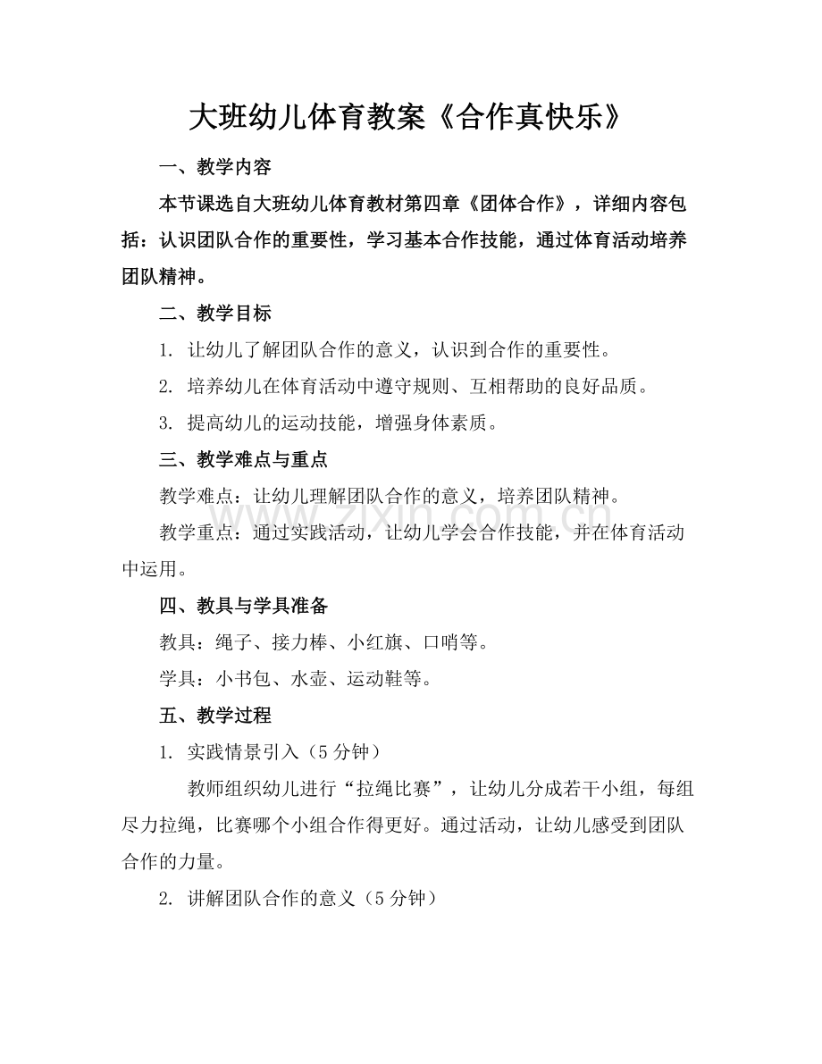 大班幼儿体育教案《合作真快乐》范例.doc_第1页