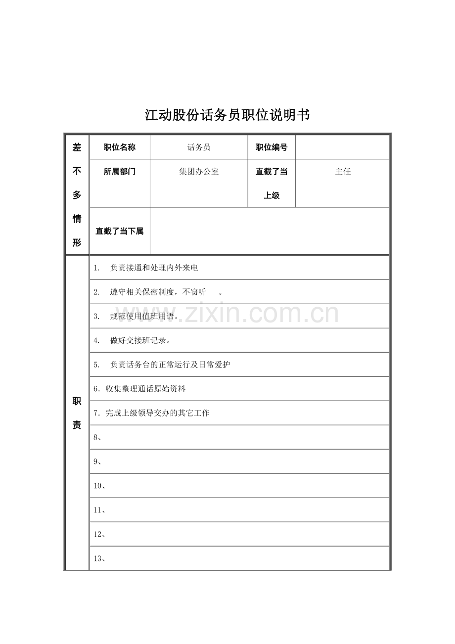 江动股份话务员职位说明书.doc_第1页