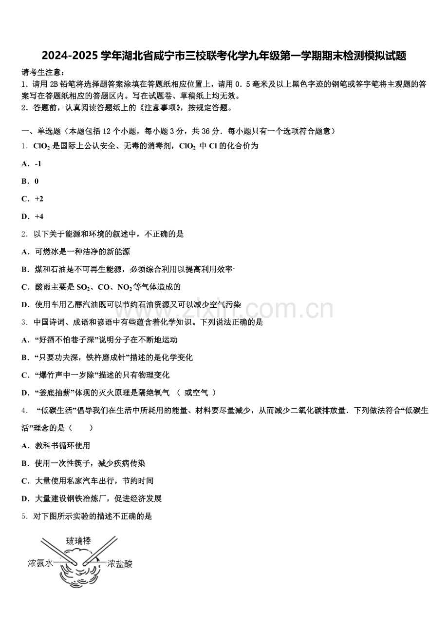 2024-2025学年湖北省咸宁市三校联考化学九年级第一学期期末检测模拟试题含解析.doc_第1页