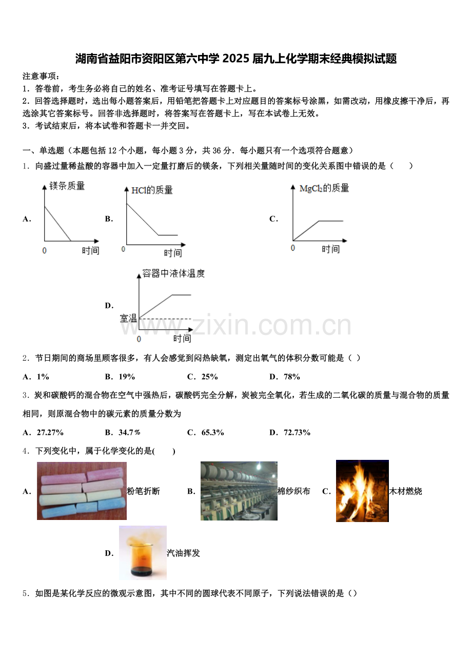 湖南省益阳市资阳区第六中学2025届九上化学期末经典模拟试题含解析.doc_第1页