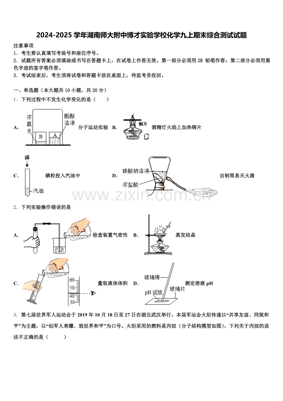 2024-2025学年湖南师大附中博才实验学校化学九上期末综合测试试题含解析.doc_第1页