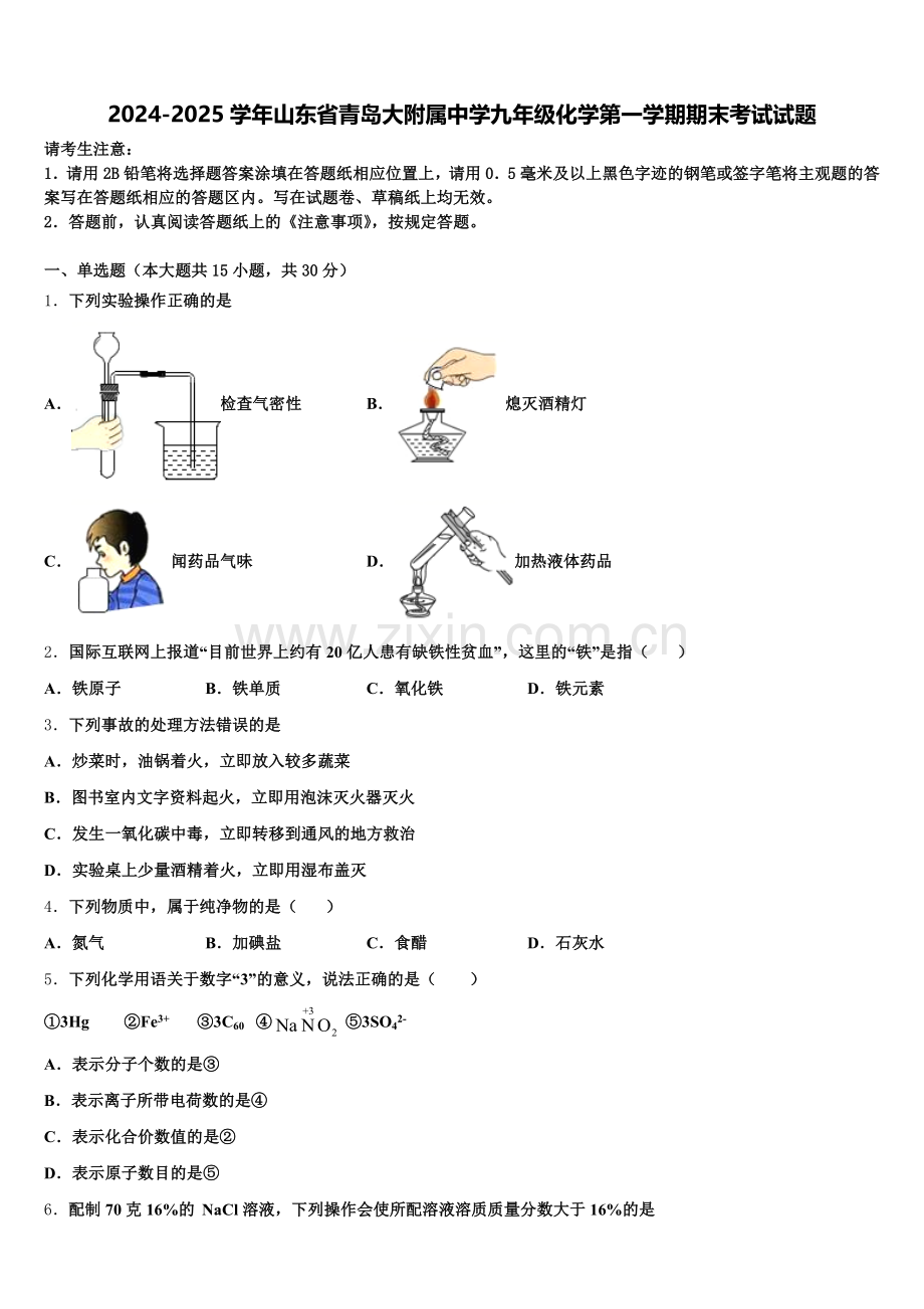 2024-2025学年山东省青岛大附属中学九年级化学第一学期期末考试试题含解析.doc_第1页