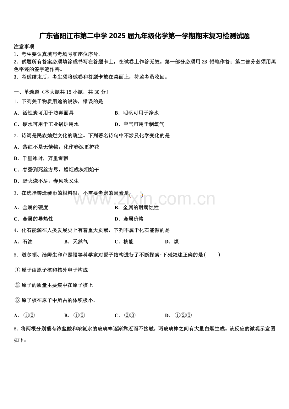 广东省阳江市第二中学2025届九年级化学第一学期期末复习检测试题含解析.doc_第1页