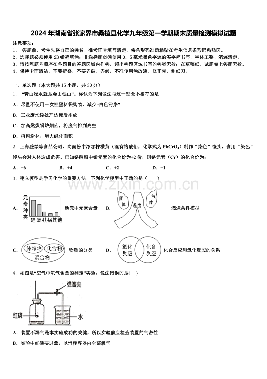 2024年湖南省张家界市桑植县化学九年级第一学期期末质量检测模拟试题含解析.doc_第1页