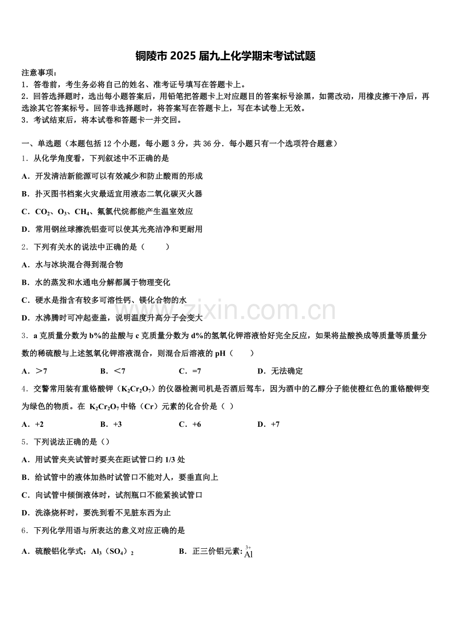 铜陵市2025届九上化学期末考试试题含解析.doc_第1页