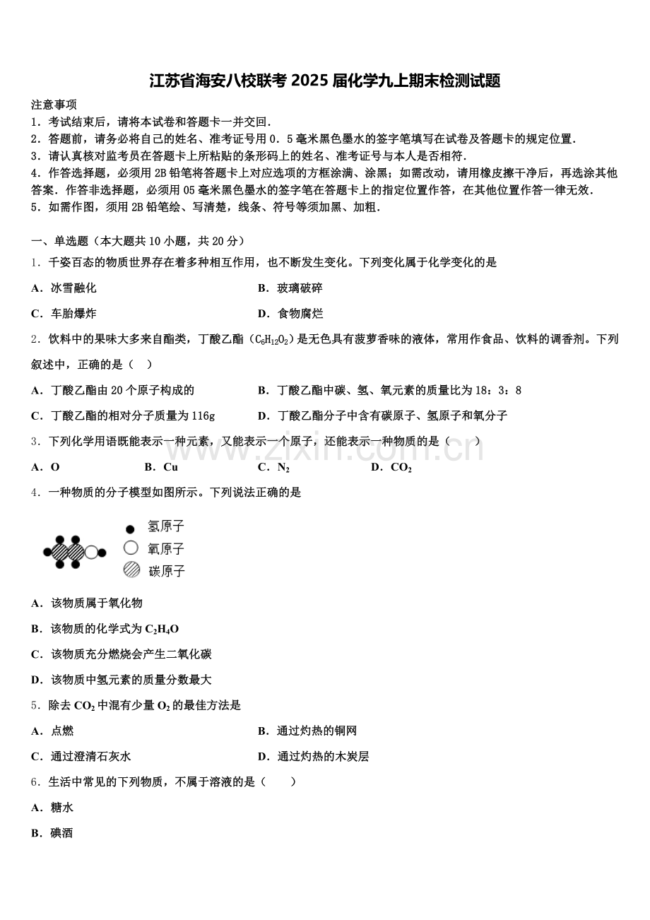 江苏省海安八校联考2025届化学九上期末检测试题含解析.doc_第1页