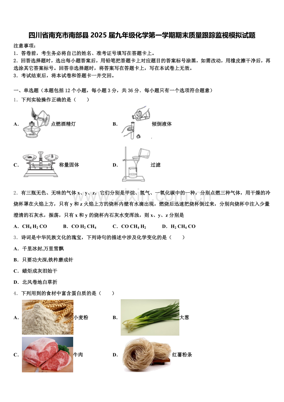 四川省南充市南部县2025届九年级化学第一学期期末质量跟踪监视模拟试题含解析.doc_第1页